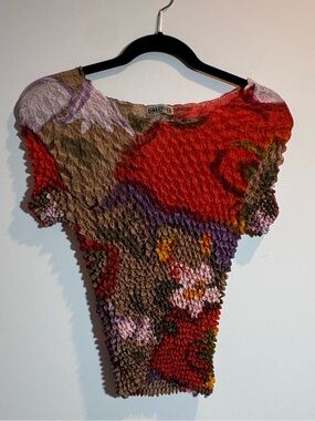 Vintage Popcorn Floral Top in Red, Brown & Purple